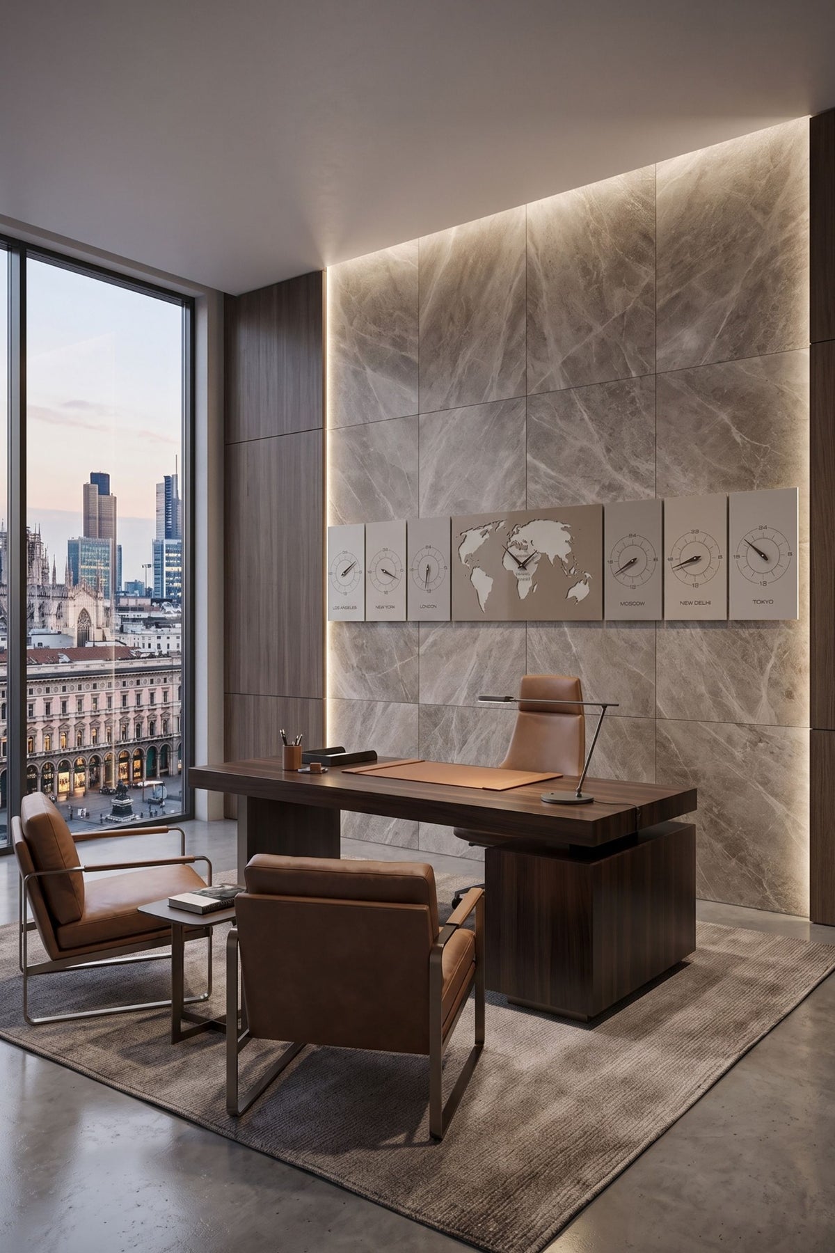 CalleaDesign Cosmo world time clock in Café Latte finish in a contemporary executive office