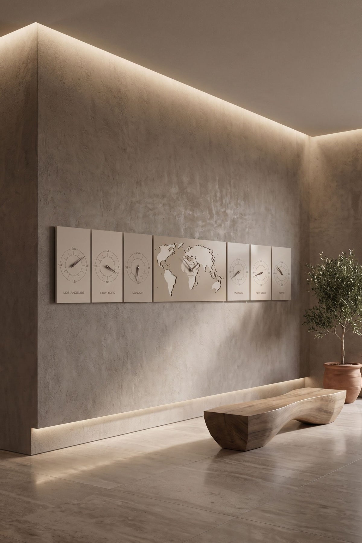 CalleaDesign Cosmo world time clock in Café Latte finish in a refined contemporary lounge