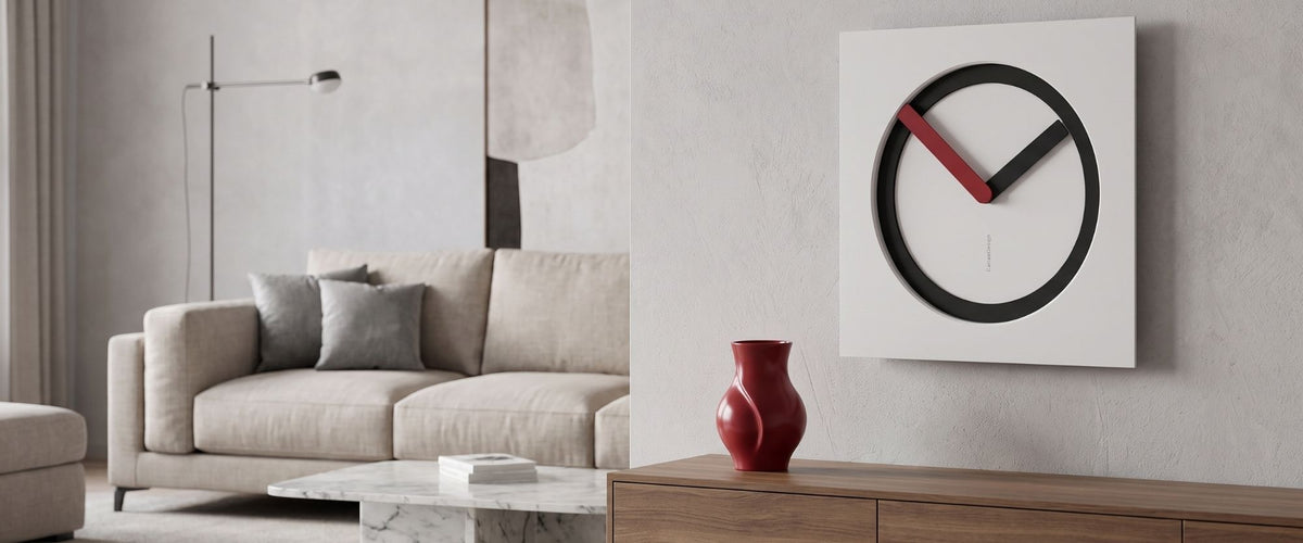 KAM Origine wall clock in black, white and red finish in a contemporary living room