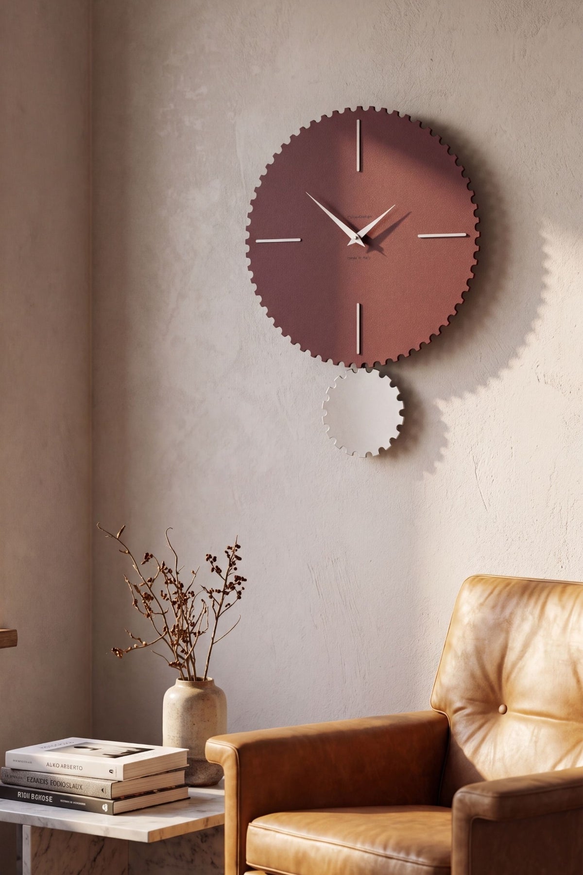 CalleaDesign Riz pendulum clock in red wine and white finish in a refined contemporary living room