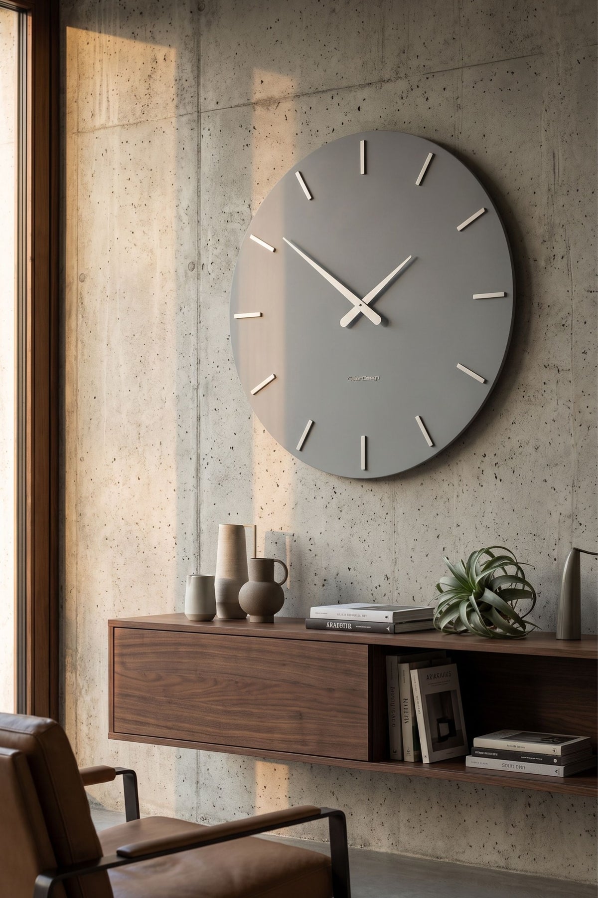 CalleaDesign Smarty wall clock in Aluminium finish on a concrete wall in a contemporary interior