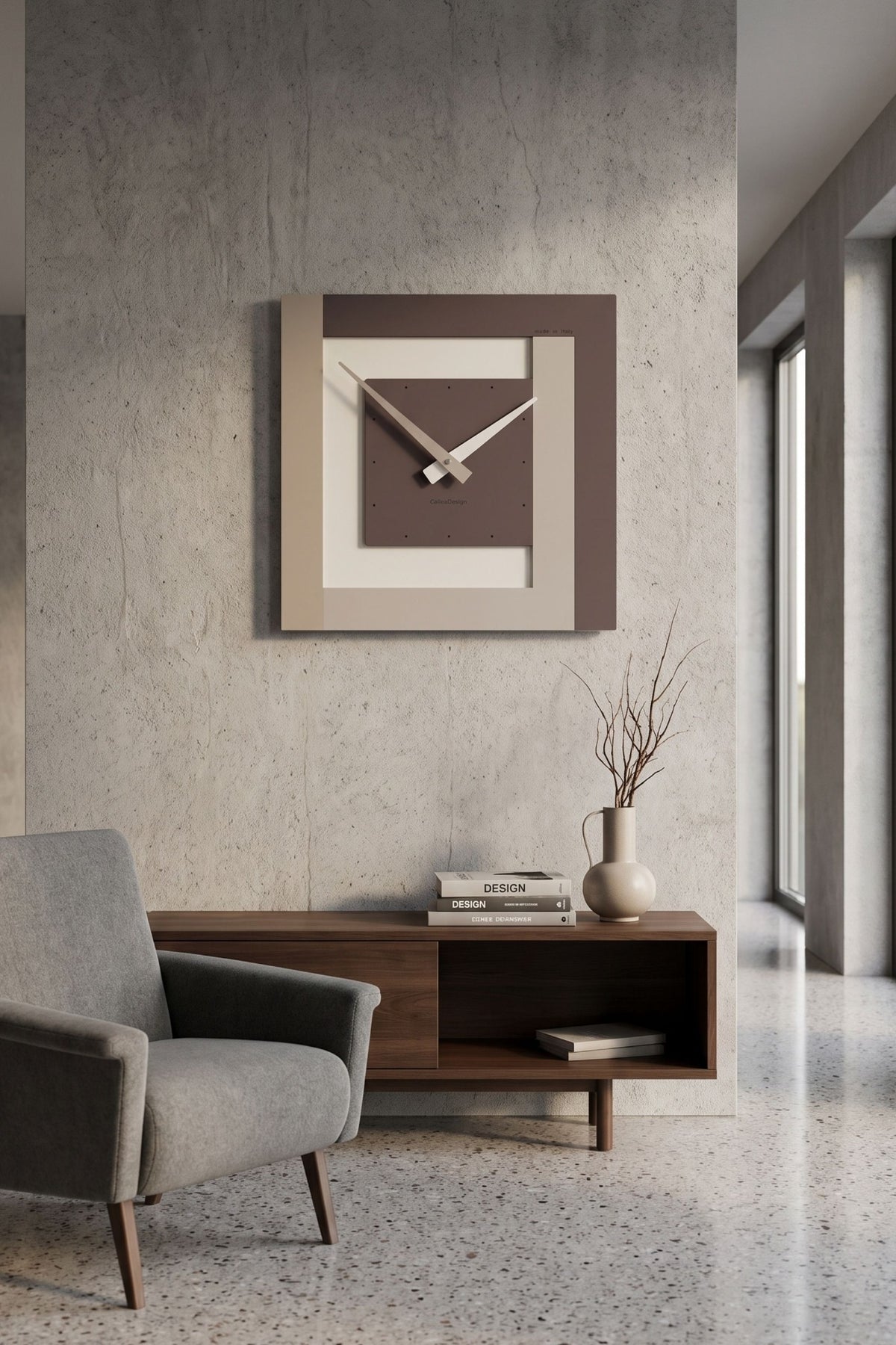 CalleaDesign Stripes wall clock in a contemporary interior with neutral tones