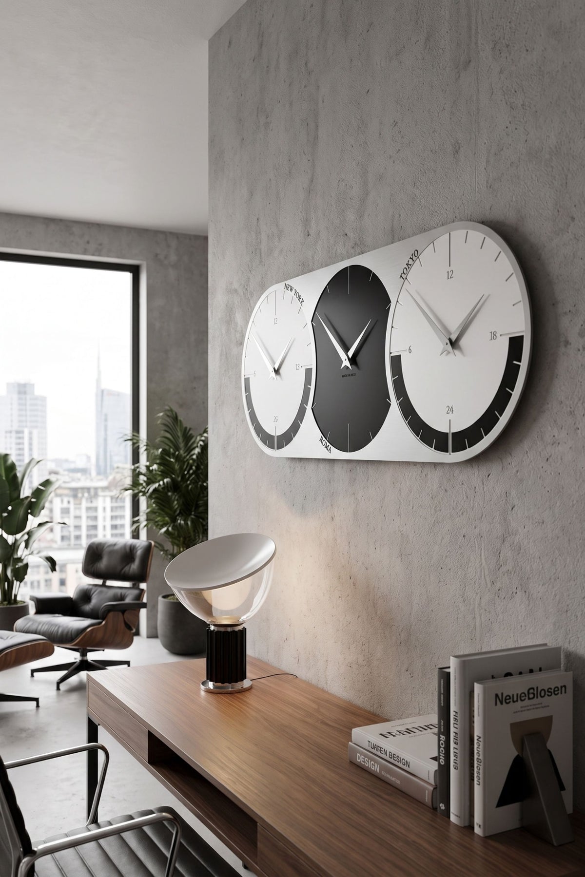 CalleaDesign World Clock 3 in Black finish in a modern office interior