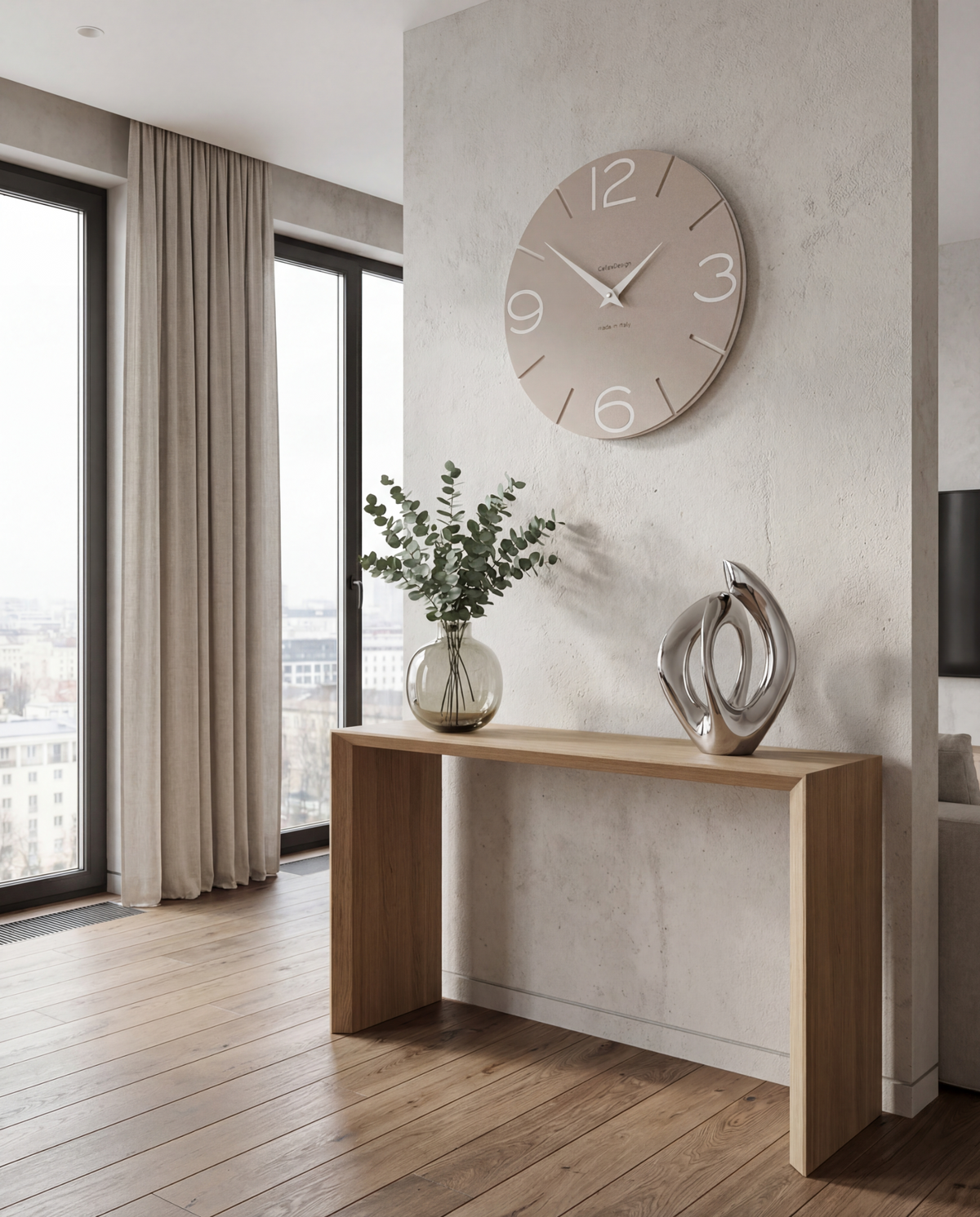 CalleaDesign wall clock positioned above a console in a contemporary interior