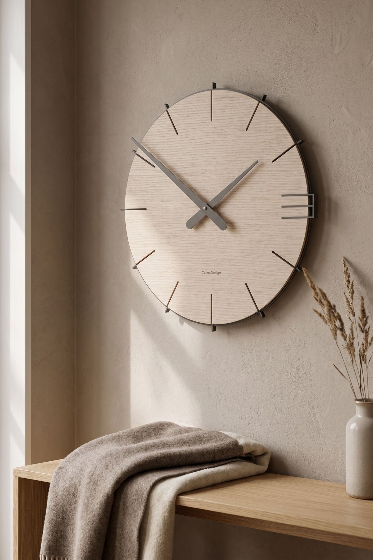 CalleaDesign Mike wall clock in a contemporary interior, available with an optional radio-controlled movement