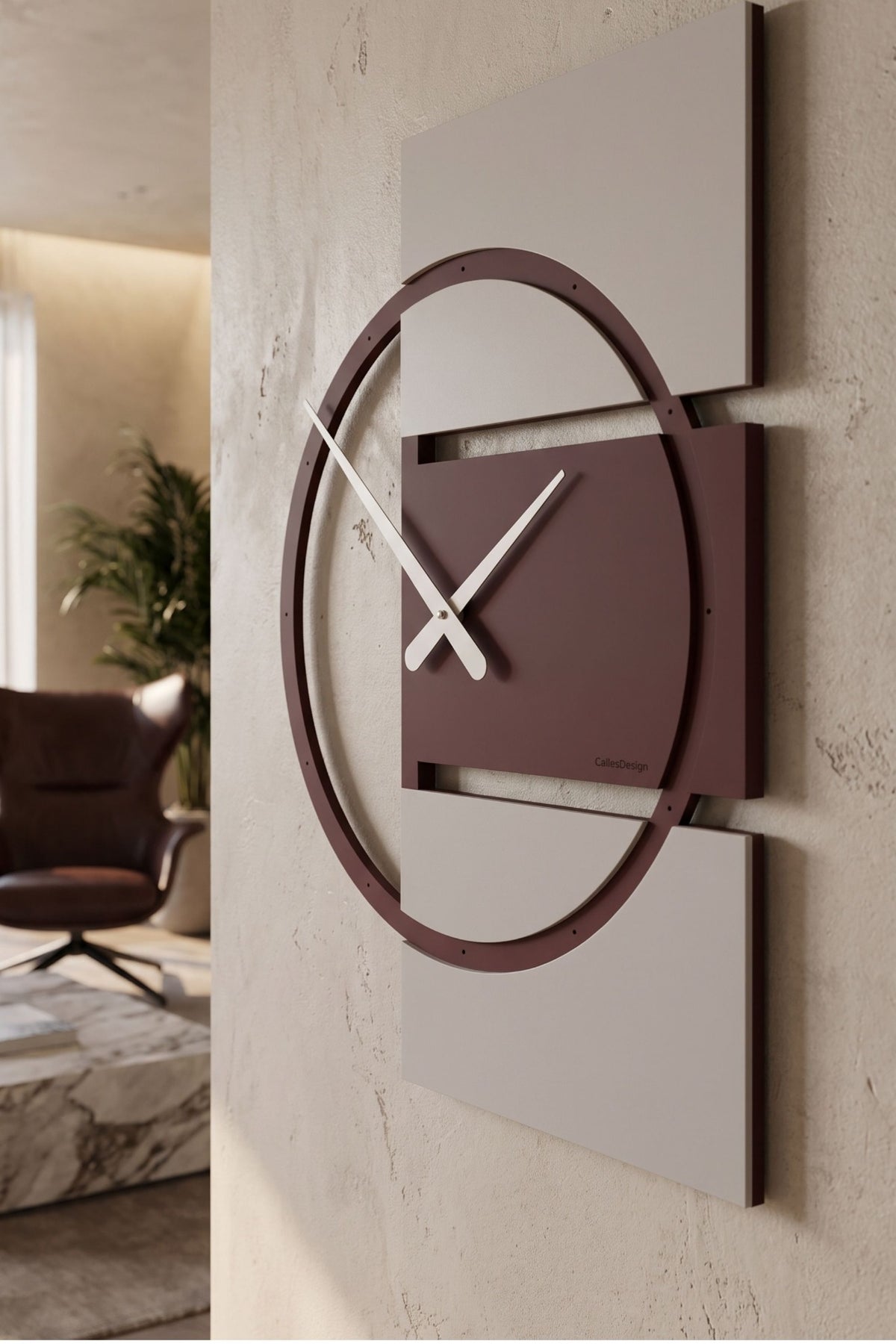 CalleaDesign Adam wall clock in Red Wine finish, side view in a refined contemporary interior