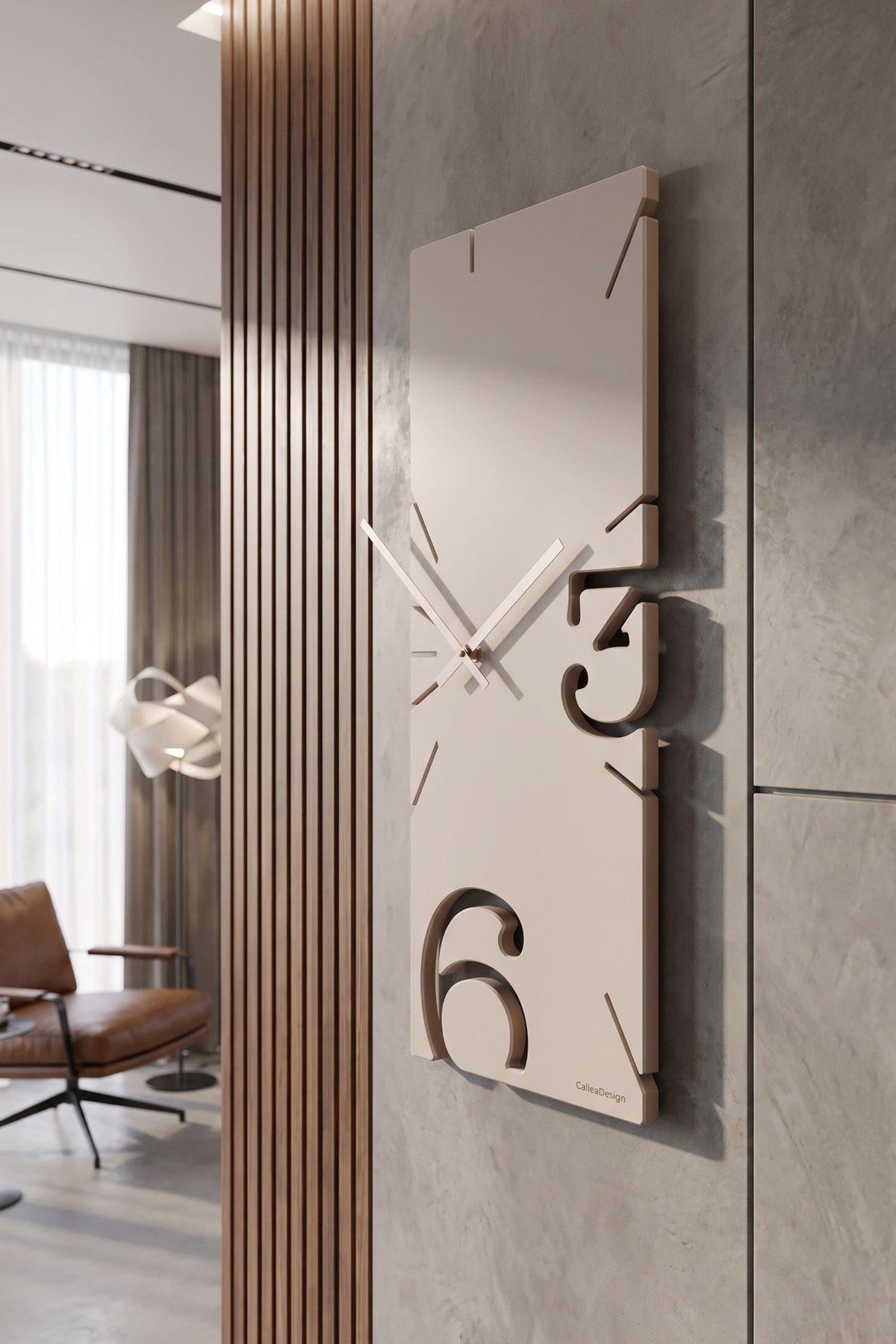 CalleaDesign Greg wall clock in Dove Grey, close-up in a contemporary interior