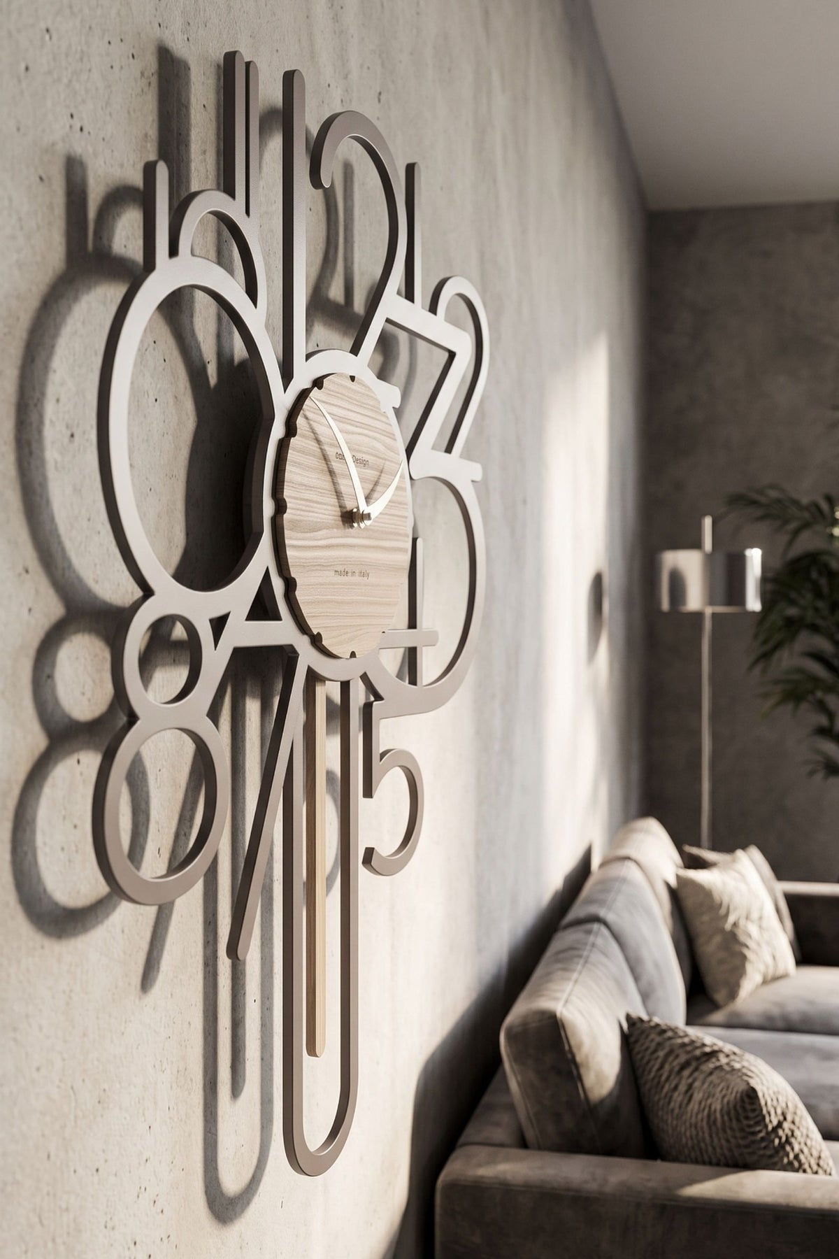CalleaDesign Joseph pendulum clock in White finish, side view in a contemporary living room