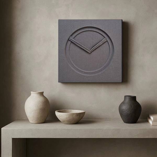 KAM 2 Limited Edition wall clock with linen-cotton surface and reconstructed-grain wood hands in a refined contemporary interior