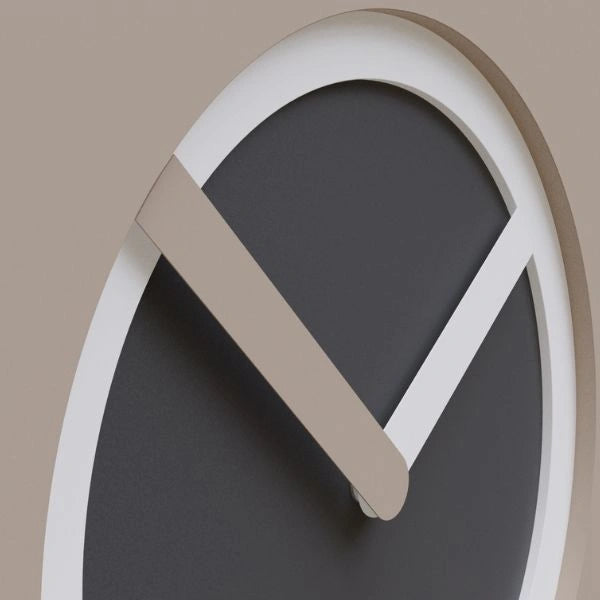Close-up of the KAM Cenere wall clock with a dark grey dial, white ring and warm neutral hands