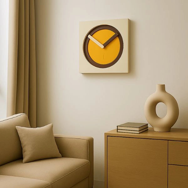 KAM Sole wall clock displayed on a warm neutral living room wall
