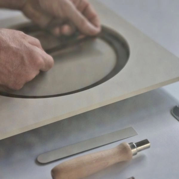 Hands assembling the dark circular element of the KAM Terra wall clock in the atelier
