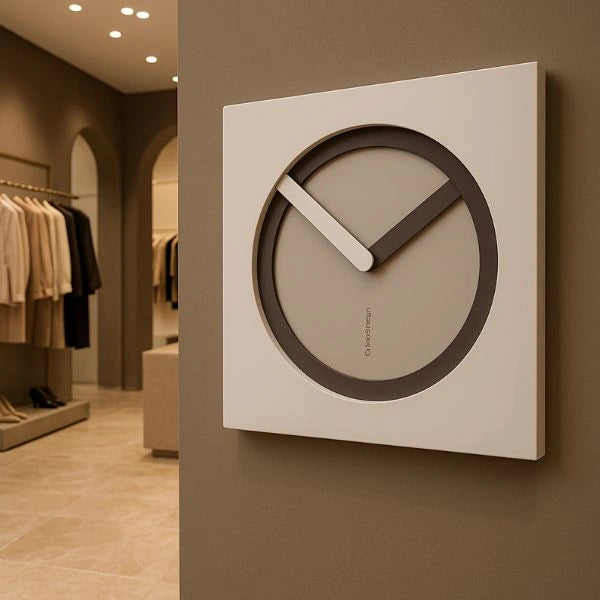 KAM Terra wall clock displayed on a warm neutral wall in a contemporary interior
