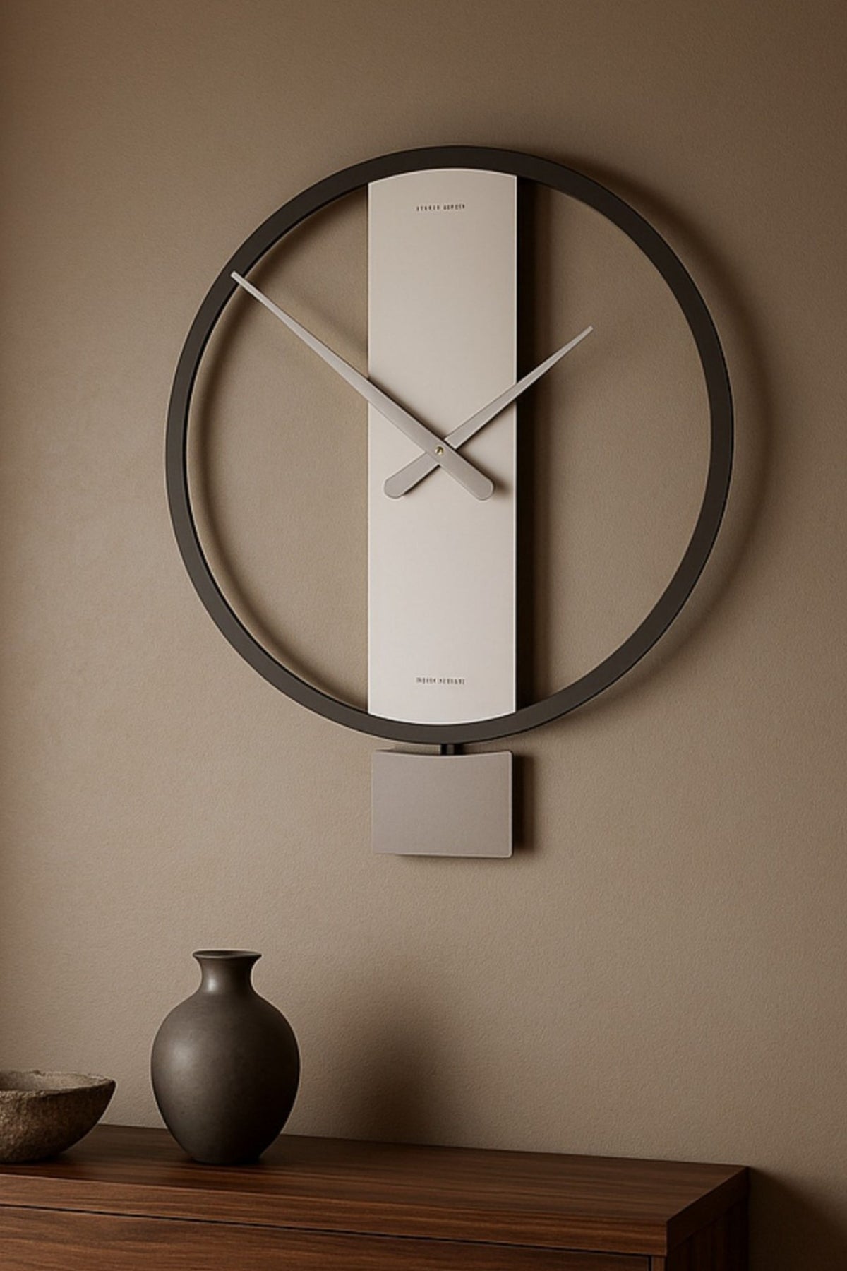 CalleaDesign Kurt pendulum clock in Café Latte finish in a warm contemporary interior