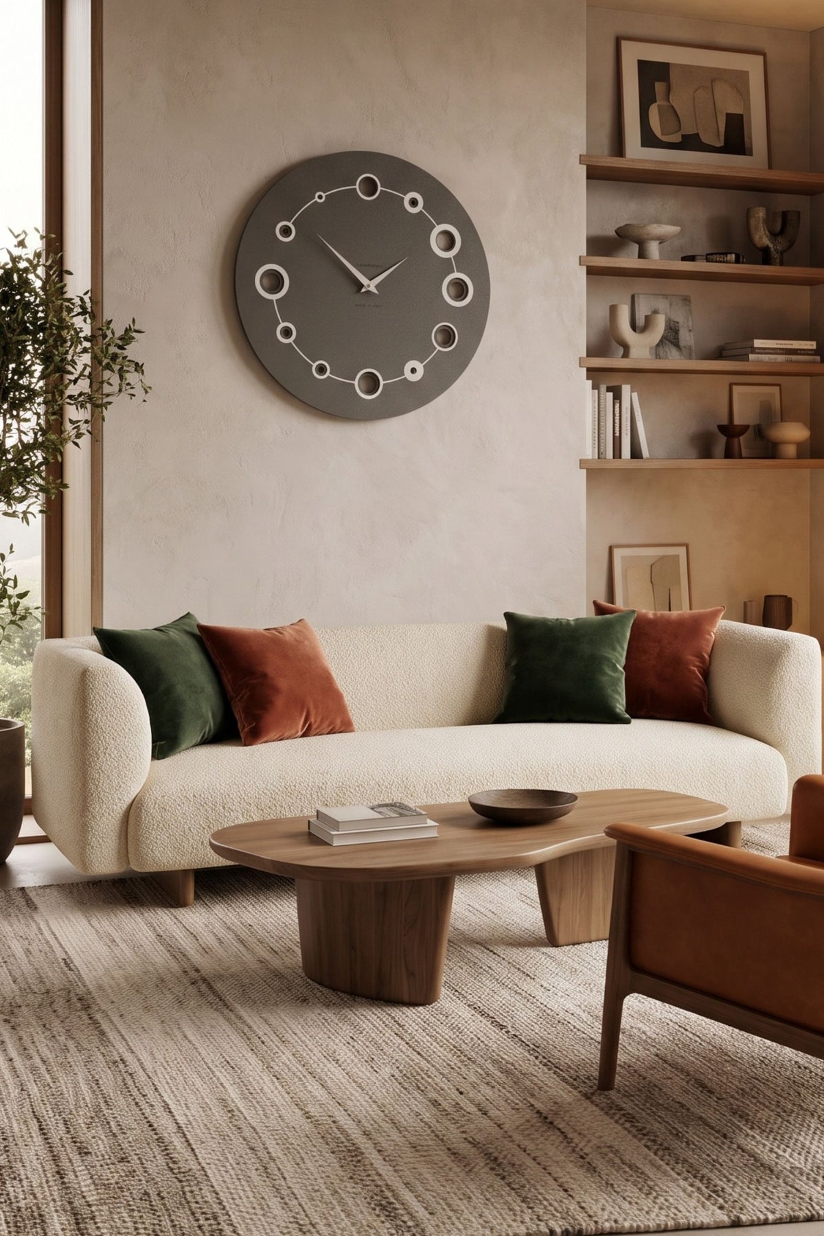 CalleaDesign Orbit wall clock in Chocolate finish displayed in a modern living room