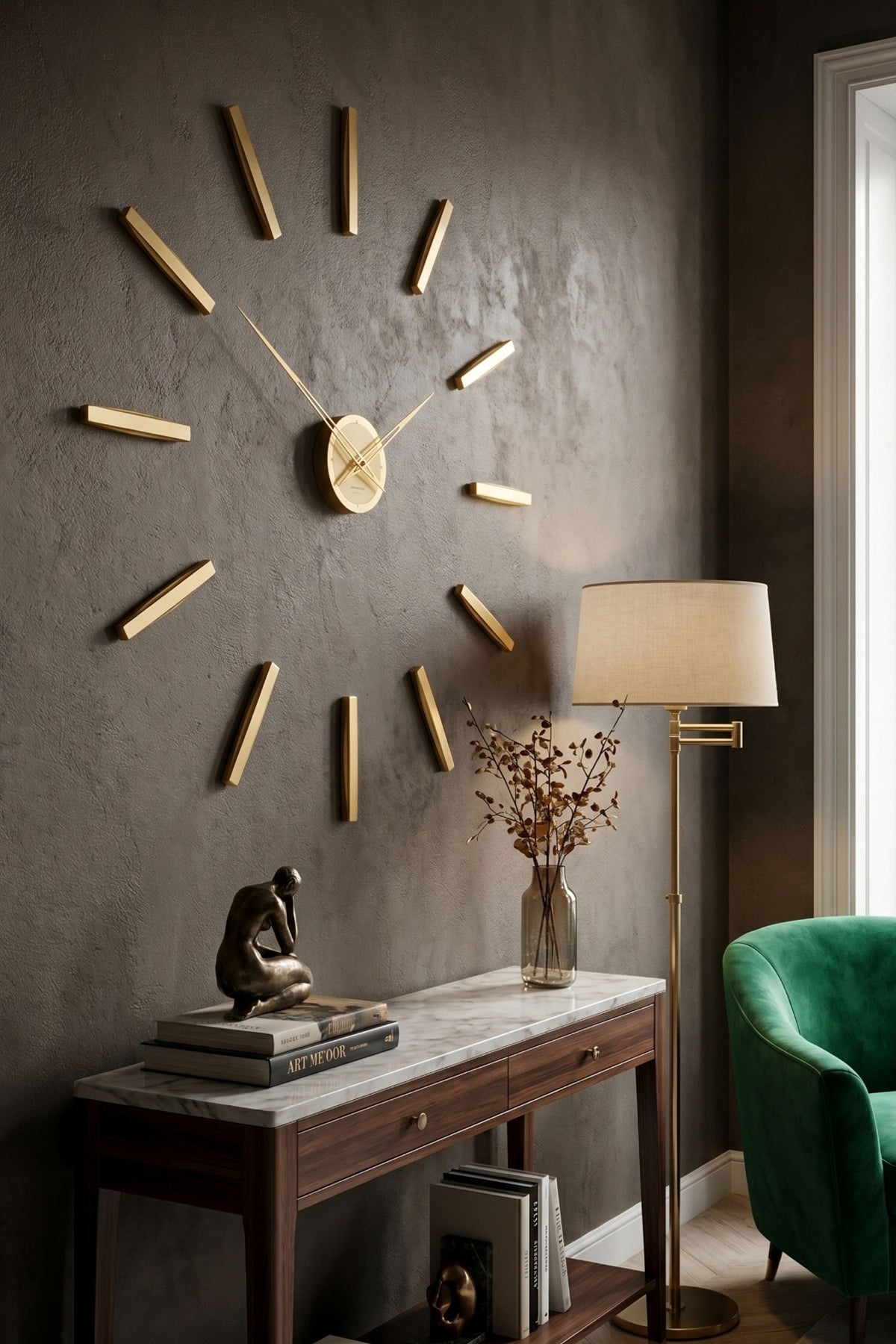 CalleaDesign Pinturicchio wall clock in Gold finish displayed in an elegant contemporary interior