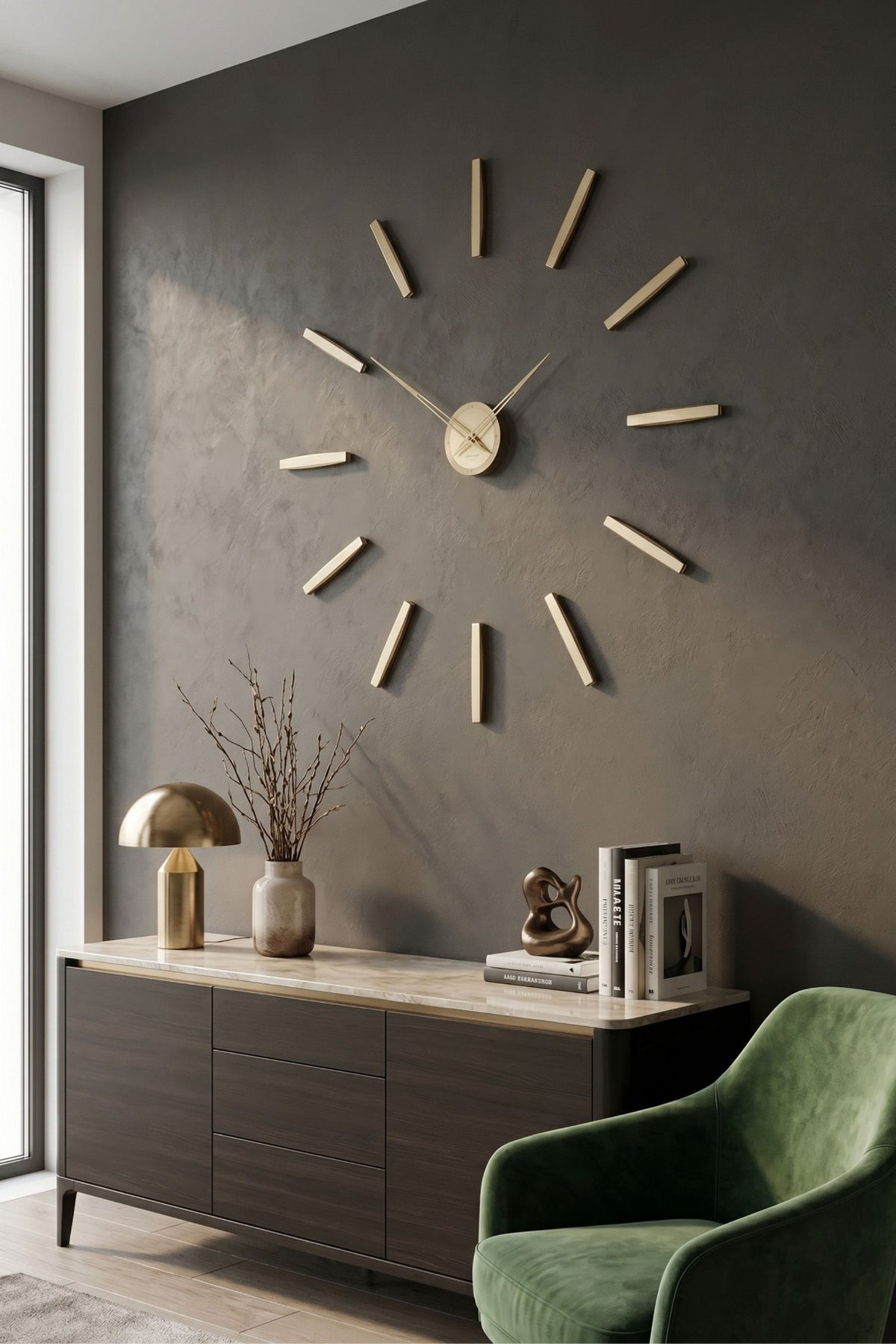 CalleaDesign Pinturicchio wall clock in Gold finish styled in a modern living room