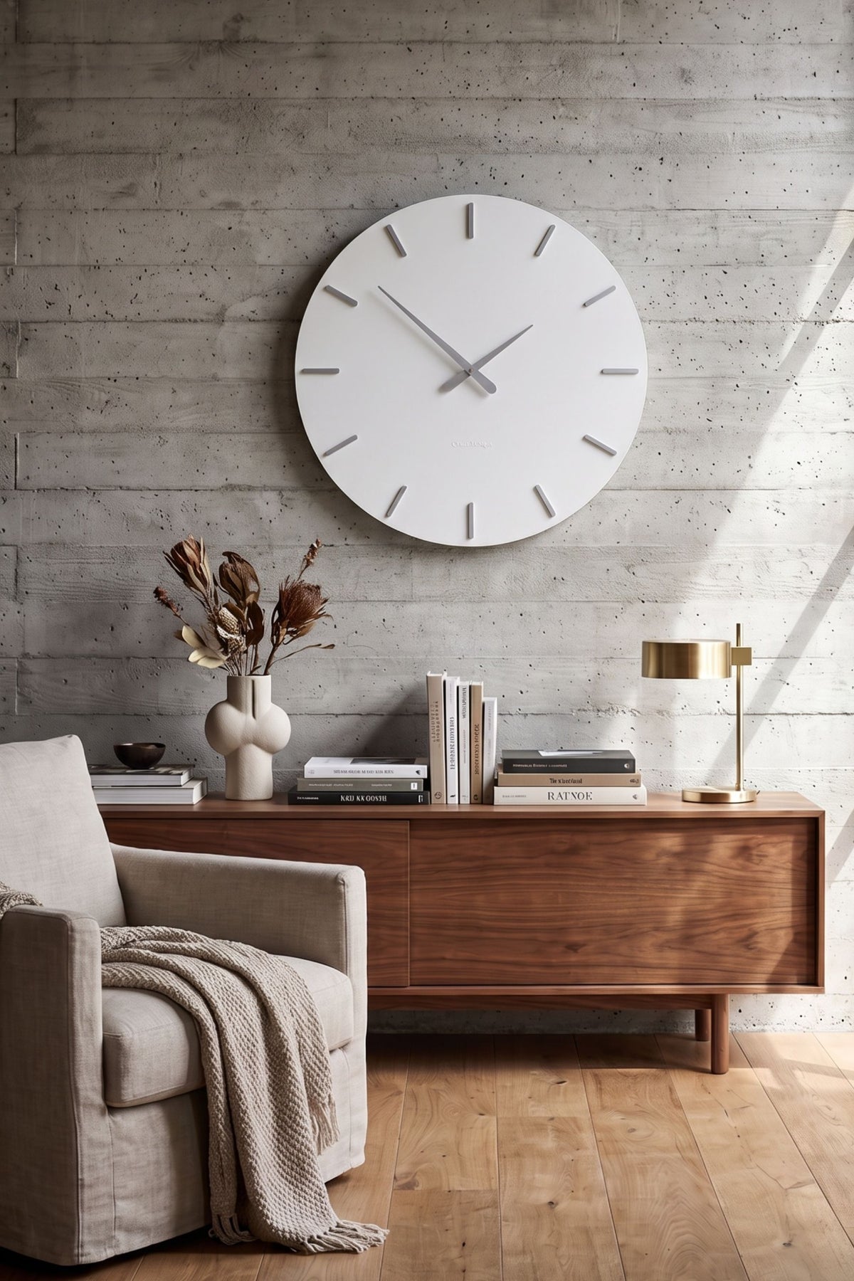 CalleaDesign Smarty wall clock in White finish displayed in a bright modern living room