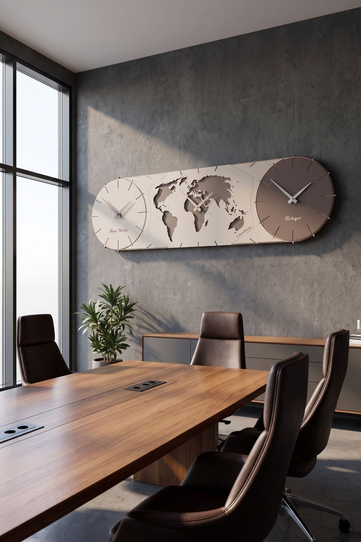 CalleaDesign Time Master world time clock in Chocolate in a contemporary boardroom