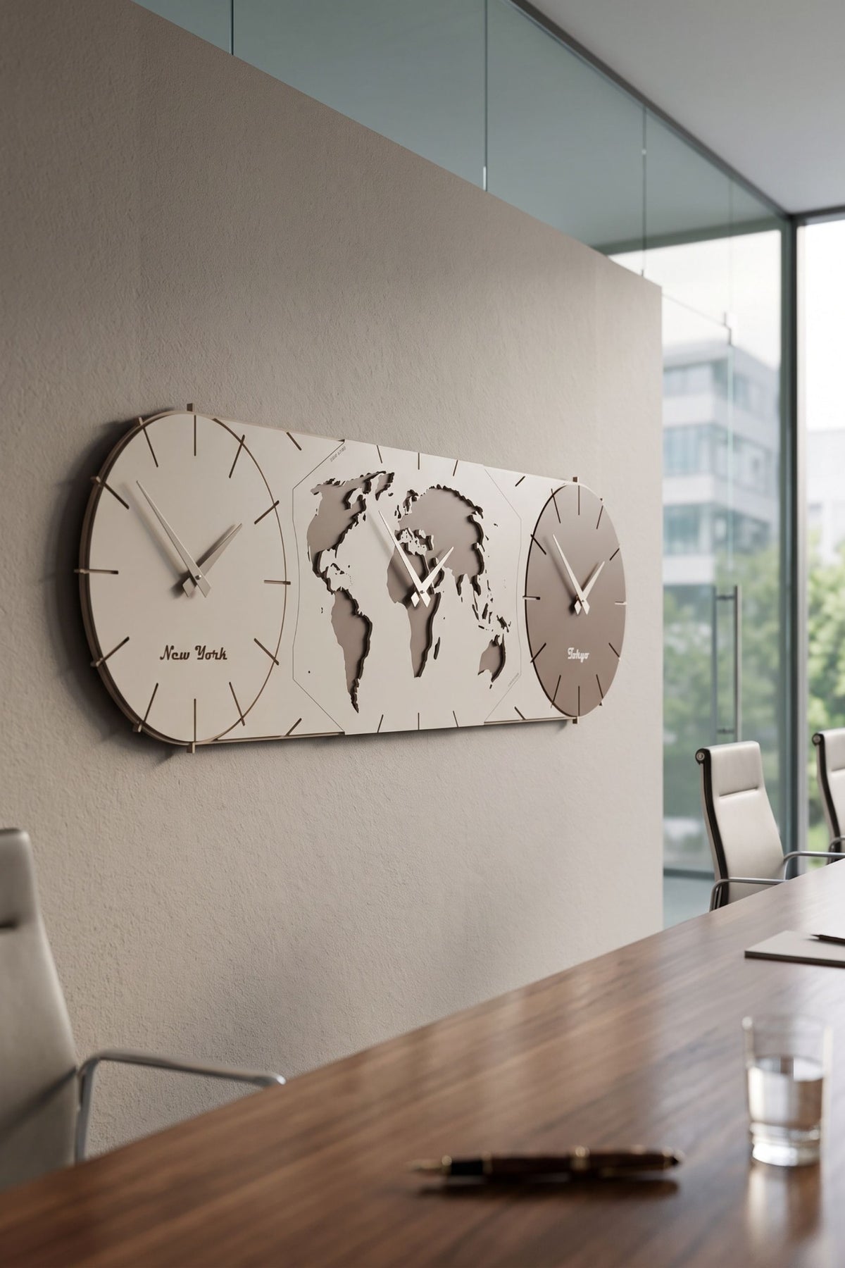 CalleaDesign Time Master world time clock in Chocolate in a contemporary office interior