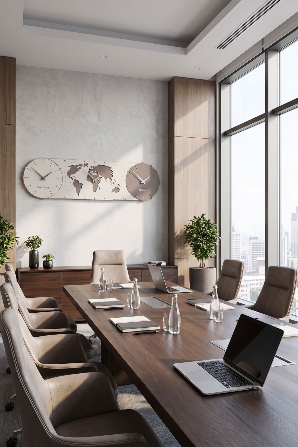 CalleaDesign Time Master world time clock in Chocolate in a bright executive meeting room