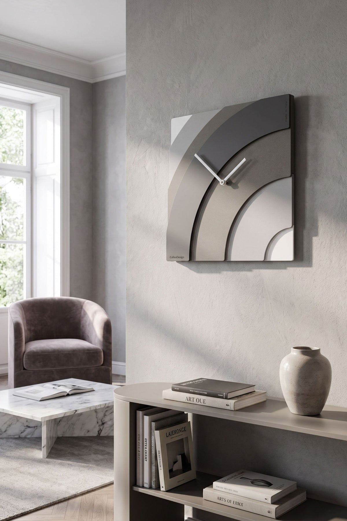 CalleaDesign Waves wall clock with layered curved design in a contemporary living room