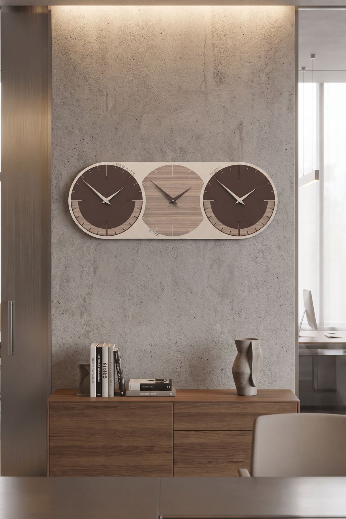CalleaDesign World Clock 3 in Black Walnut finish in a contemporary office interior